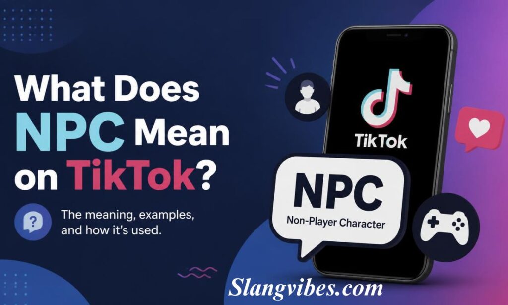 Smartphone screen showing TikTok logo and NPC speech bubble with a game controller icon on a dark background.