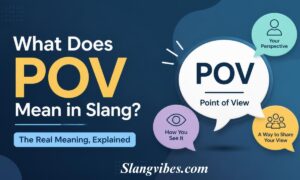 Graphic explaining POV meaning in slang, featuring speech bubbles with point of view icons and perspective definitions.