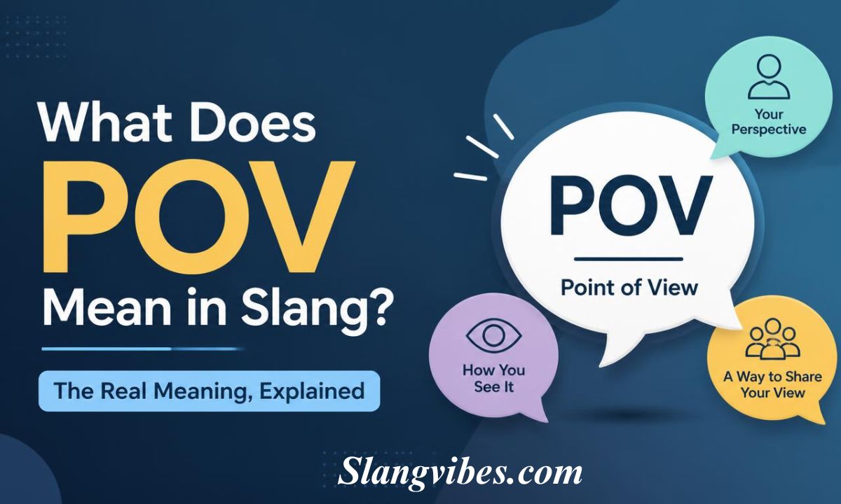 Graphic explaining POV meaning in slang, featuring speech bubbles with point of view icons and perspective definitions.