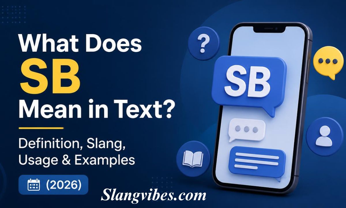 Graphic of a smartphone displaying SB speech bubble with icons for text definition, slang usage, and examples.