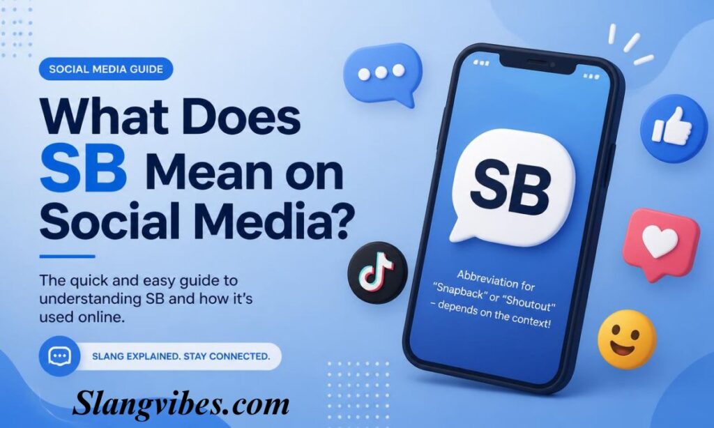 Smartphone screen displaying SB speech bubble with Snapback and Shoutout definitions alongside TikTok and like icons.