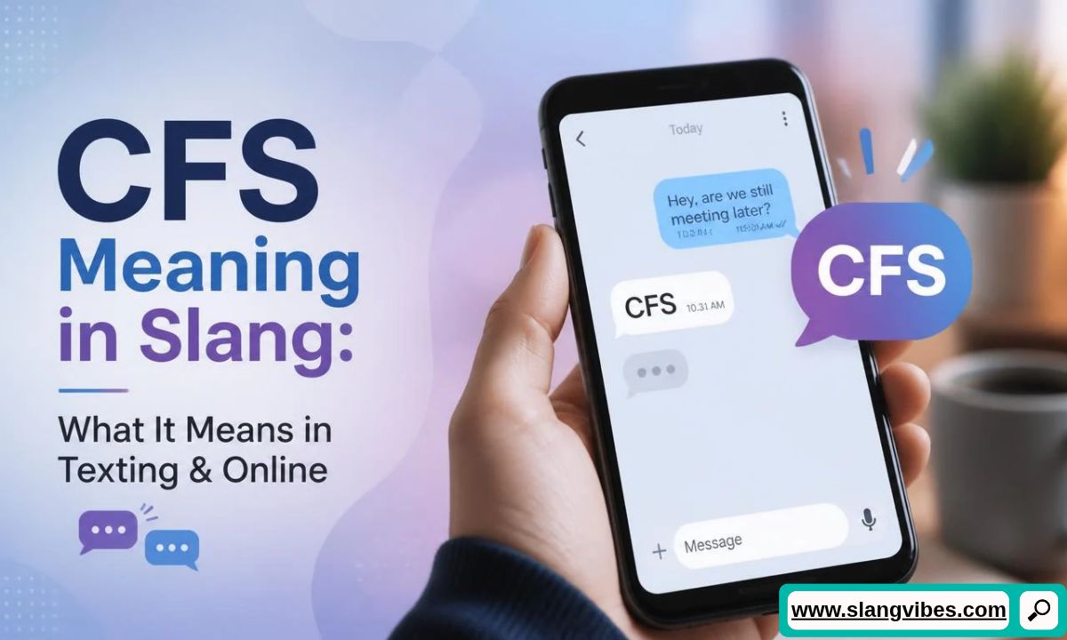 Hand holding smartphone showing text thread explaining CFS meaning in slang with purple speech bubble overlay.
