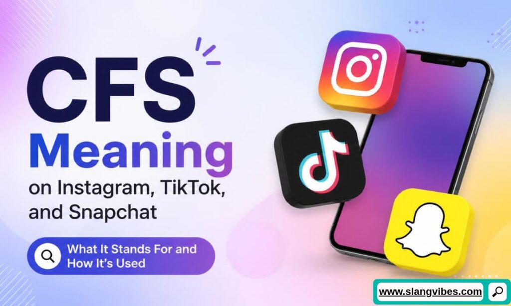 Smartphone surrounded by Instagram, TikTok, and Snapchat app icons explaining CFS meaning and usage.