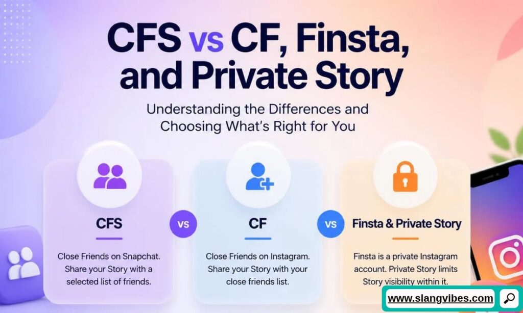 Comparison cards detailing differences between CFS, CF, Finsta, and Private Story social media features.