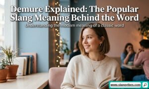 Demure slang meaning explained with a stylish social media illustration showing modest and classy behavior