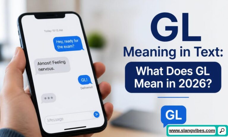 Hand holding smartphone displaying an exam conversation text bubble with GL meaning good luck slang.