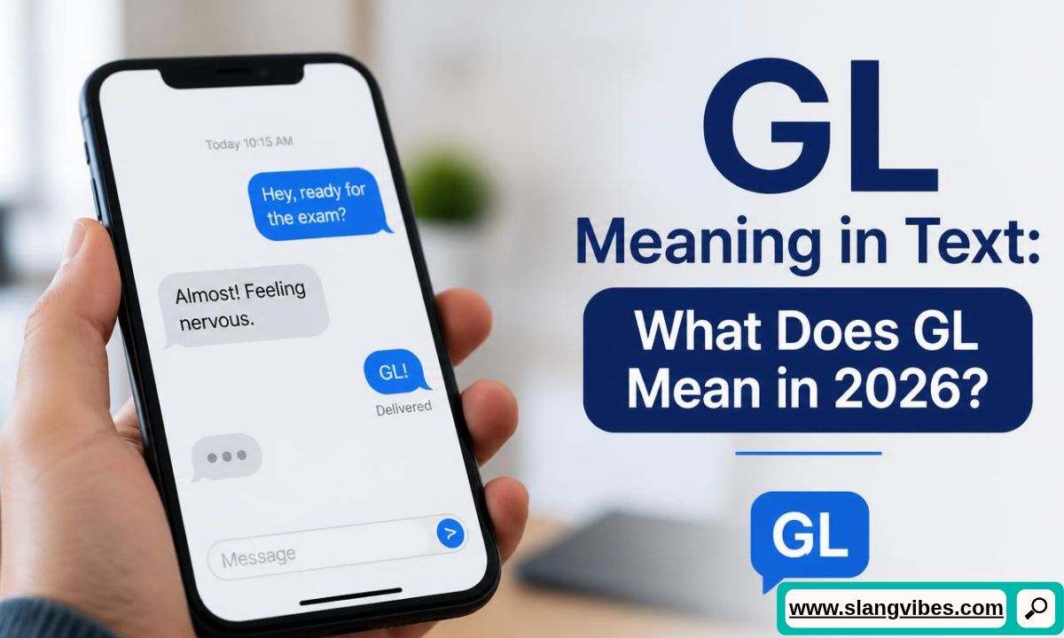 Hand holding smartphone displaying an exam conversation text bubble with GL meaning good luck slang.