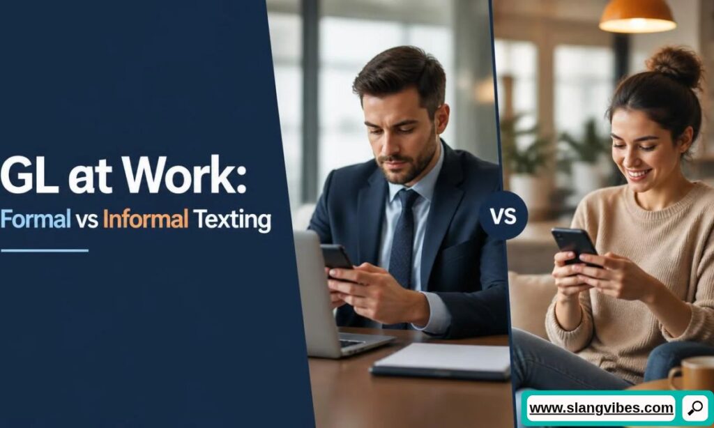 Professional in suit texting on phone next to woman lounging casually using modern slang at work.