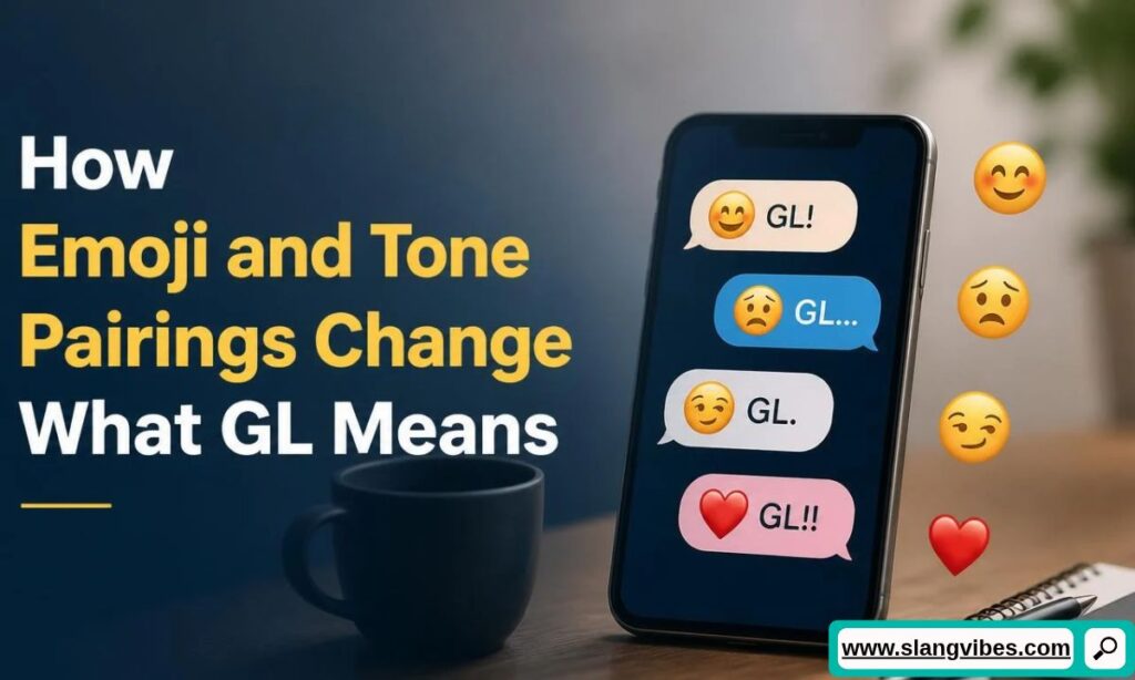 Smartphone showing GL text messages paired with different emojis like hearts and smiley faces changing chat tone.