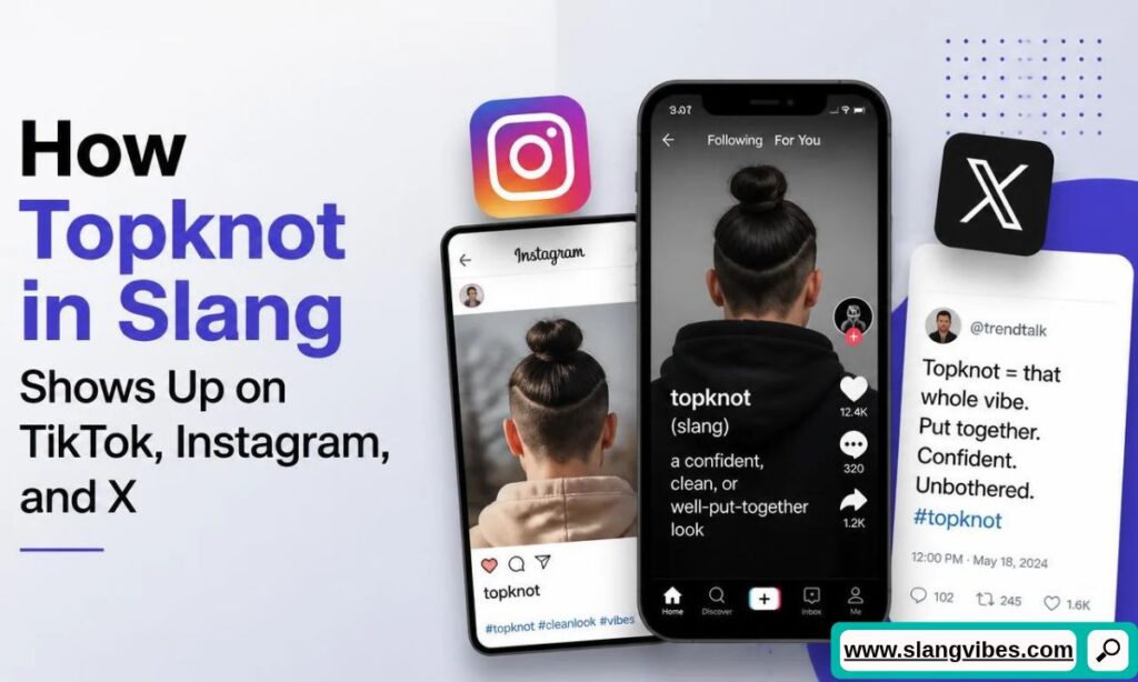 Smartphone showing topknot slang noun definition on screen surrounded by social media reaction icons.