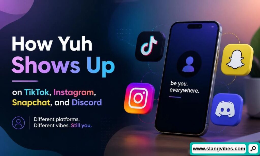 Smartphone surrounded by TikTok, Instagram, Snapchat, and Discord icons detailing how Yuh appears on social media.