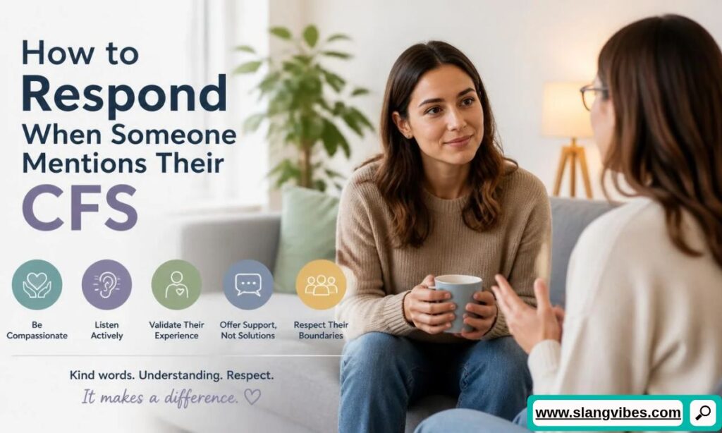 Two women conversing supportively over coffee with graphic icons detailing how to respond to CFS.