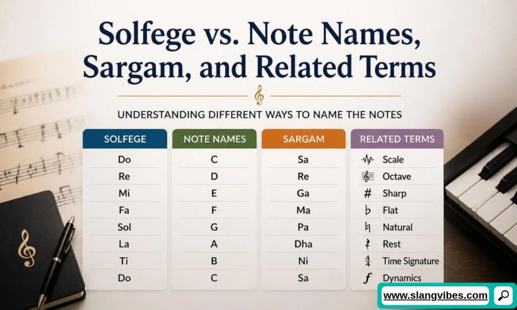Comparison table contrasting Solfege, Note Names, Sargam, and related musical terms next to a piano keyboard.