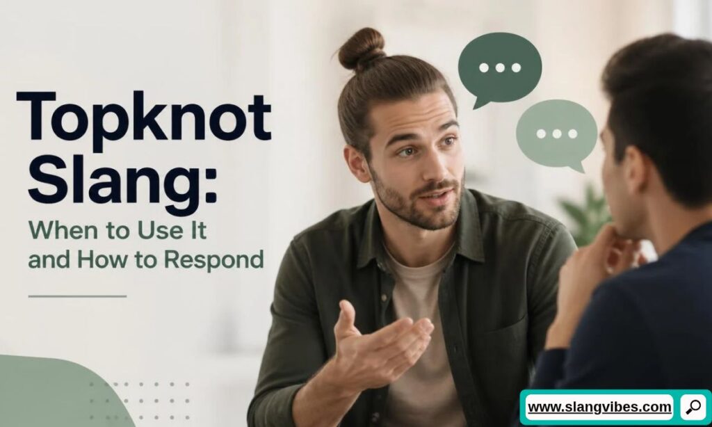 Man with a topknot hairstyle gesturing during a conversation with a friend with speech bubbles above.