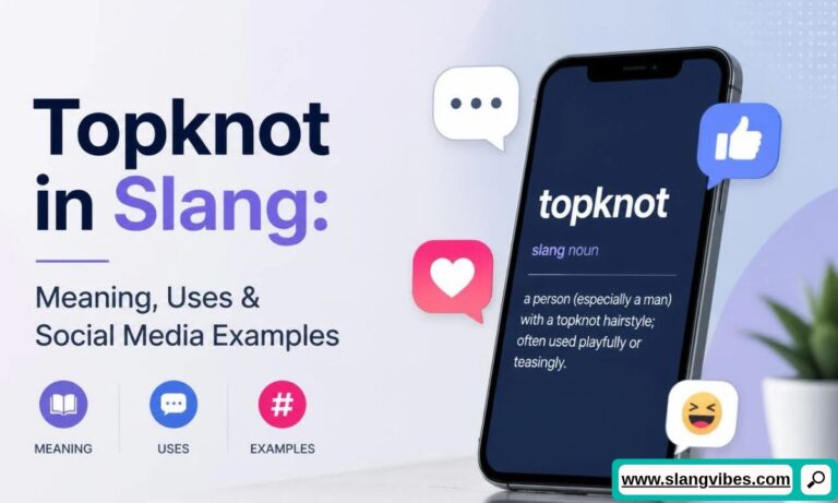 Smartphone showing topknot slang noun definition on screen surrounded by social media reaction icons.