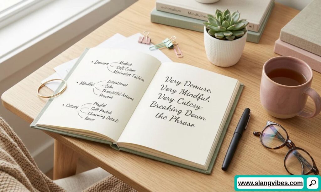 Very demure, very mindful, very cutesy phrase explained with a stylish social media aesthetic