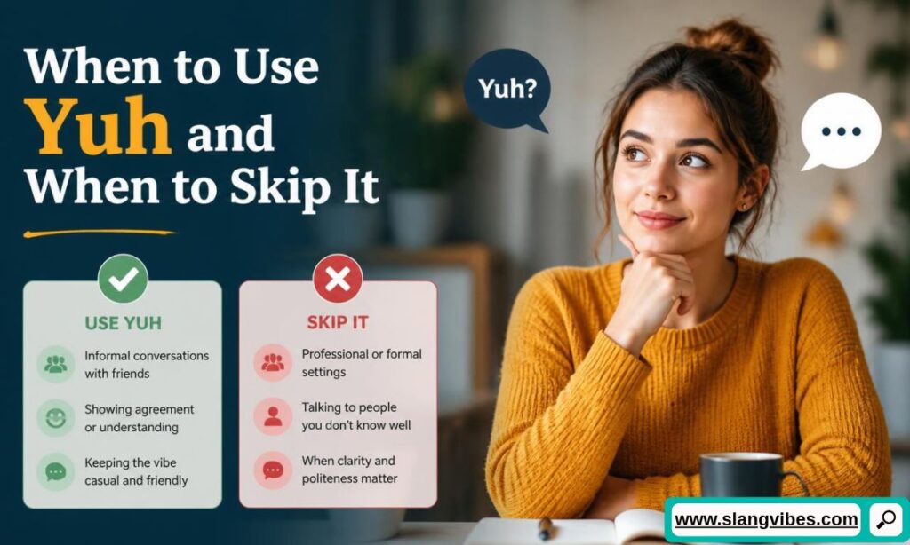 Thoughtful woman at table beside do's and don'ts checklist explaining when to use Yuh slang.