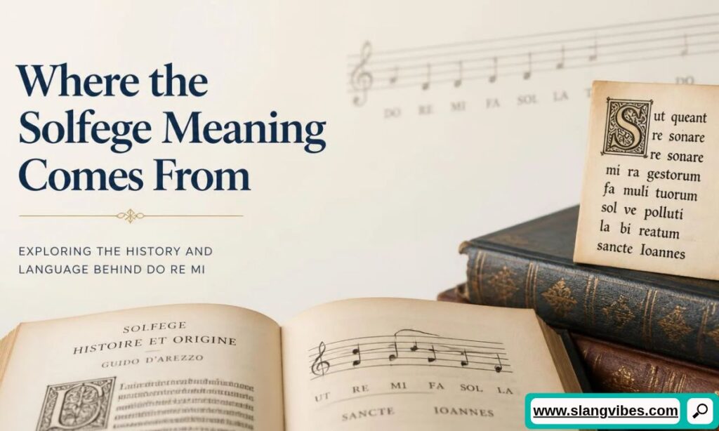 Vintage music sheet books and historical manuscript pages detailing the origins of solfege and Guido d'Arezzo.