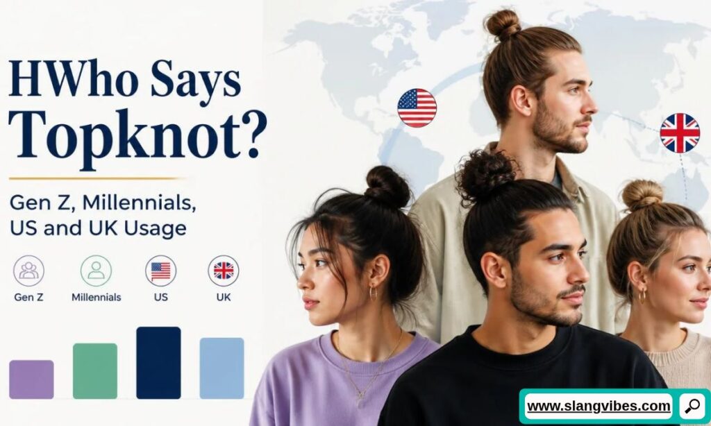 Diverse group of young adults wearing bun hairstyles next to usage chart comparing topknot slang across demographics.