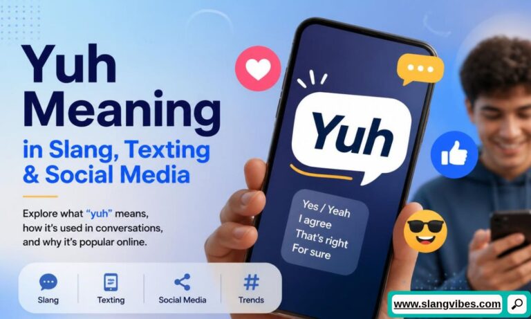 Hand holding smartphone showing Yuh slang text definition overlayed with social media emoji icons.