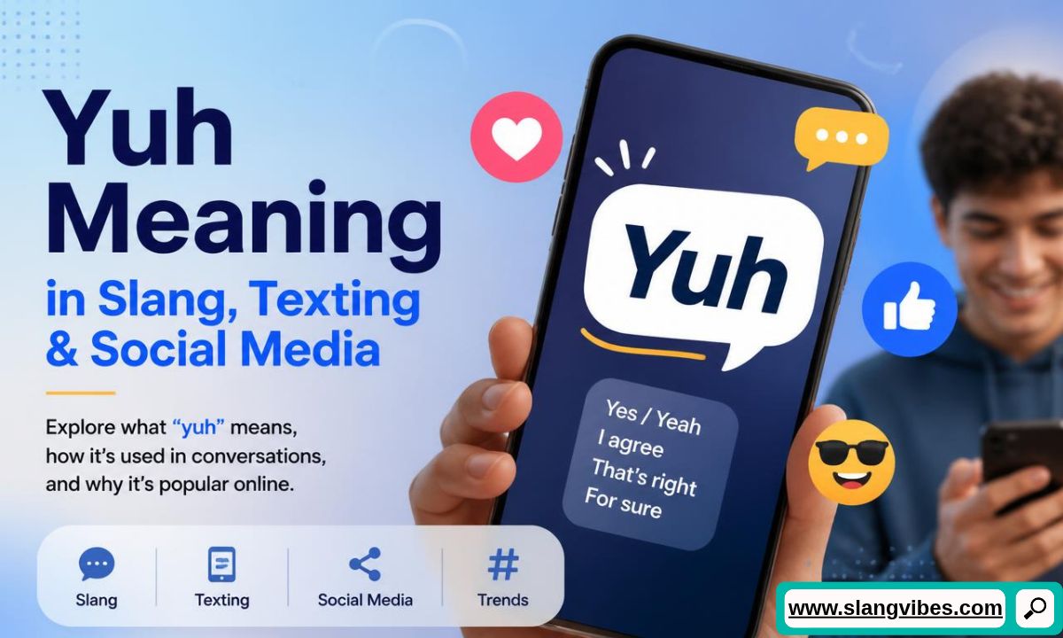 Hand holding smartphone showing Yuh slang text definition overlayed with social media emoji icons.