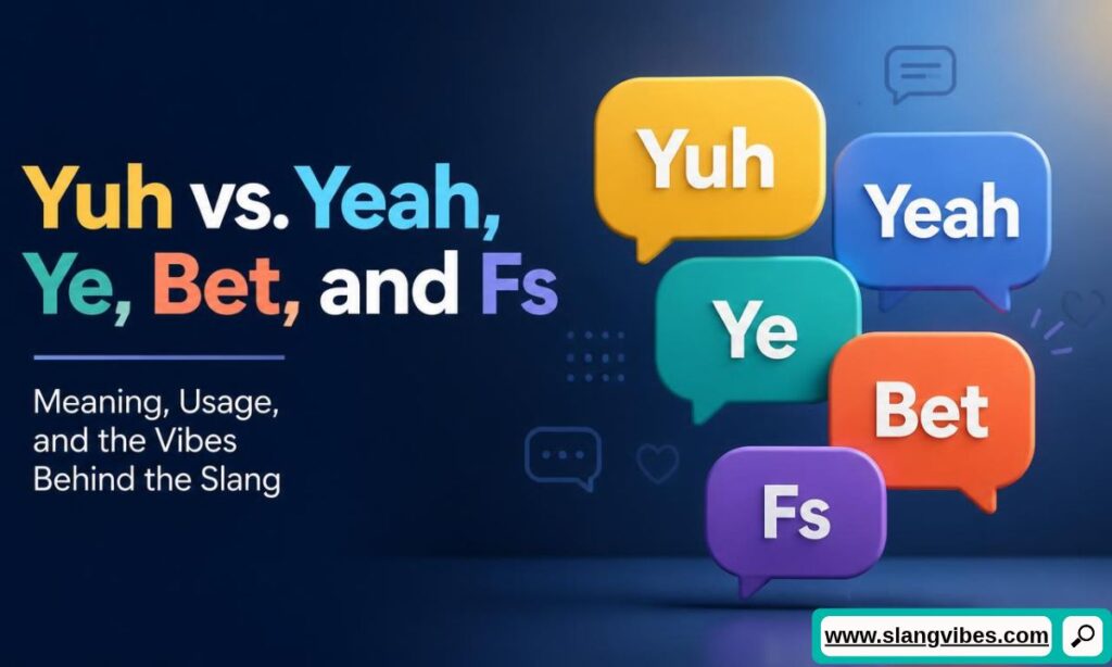 Colorful 3D speech bubbles displaying slang words Yuh, Yeah, Ye, Bet, and Fs on a dark background.