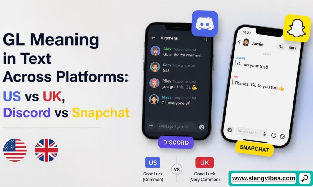 Discord and Snapchat mobile app screens showing GL slang texts with US and UK flag badges.