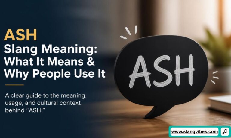 Black speech bubble cutout on a wooden desk with white text displaying the word ASH.