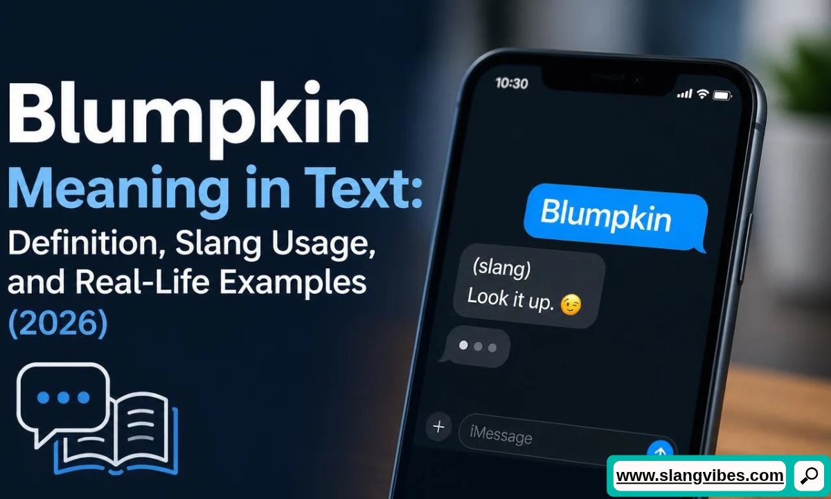 Smartphone displaying a text message bubble that says Blumpkin next to text about its slang meaning and examples.