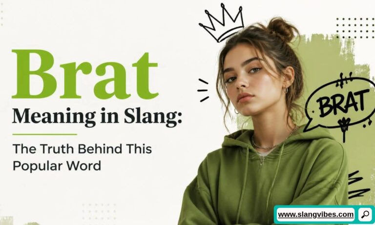 Woman in a green hoodie under a drawn crown next to text explaining Brat Meaning in Slang.