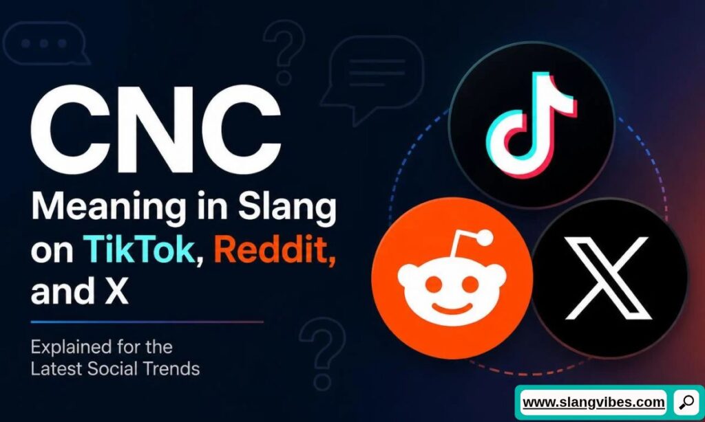 3D TikTok, Reddit, and X icons arranged beside text reading CNC Meaning in Slang on TikTok, Reddit, and X.