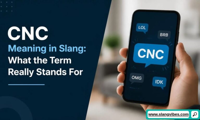 Hand holding smartphone showing CNC speech bubble surrounded by common chat acronyms like LOL and BRB.