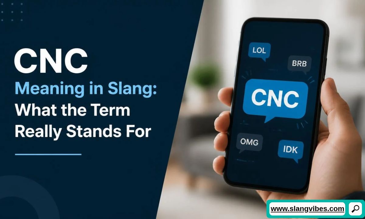 Hand holding smartphone showing CNC speech bubble surrounded by common chat acronyms like LOL and BRB.