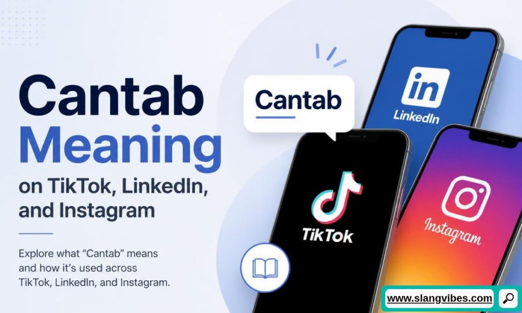 Three smartphones showing app icons for LinkedIn, TikTok, and Instagram next to text explaining Cantab Meaning.