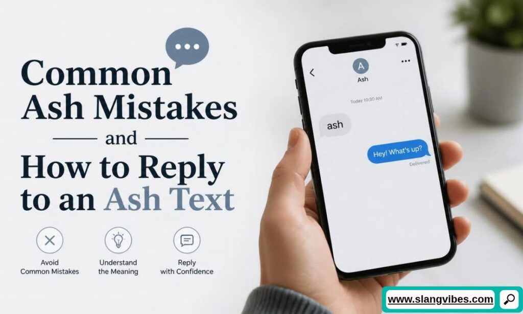 Hand holding smartphone showing a text exchange with ash message bubble alongside icons for common mistakes and replies.