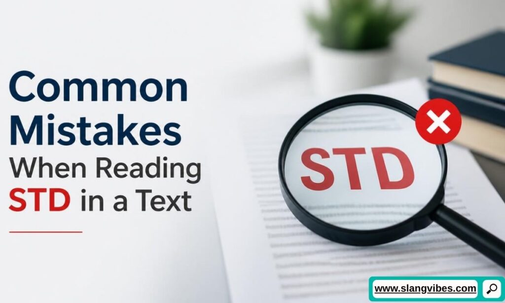 Magnifying glass over a document focusing on the letters STD next to text about common reading mistakes.   