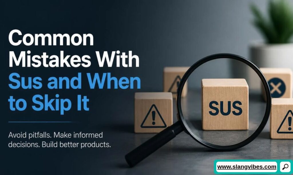 Magnifying glass focusing on a wooden block reading SUS surrounded by warning icons and common mistake text.