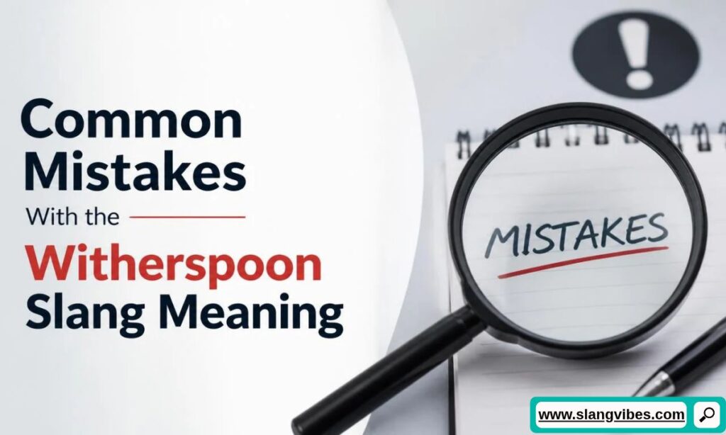 Magnifying glass highlighting the word MISTAKES on a notepad next to text about Witherspoon slang errors.