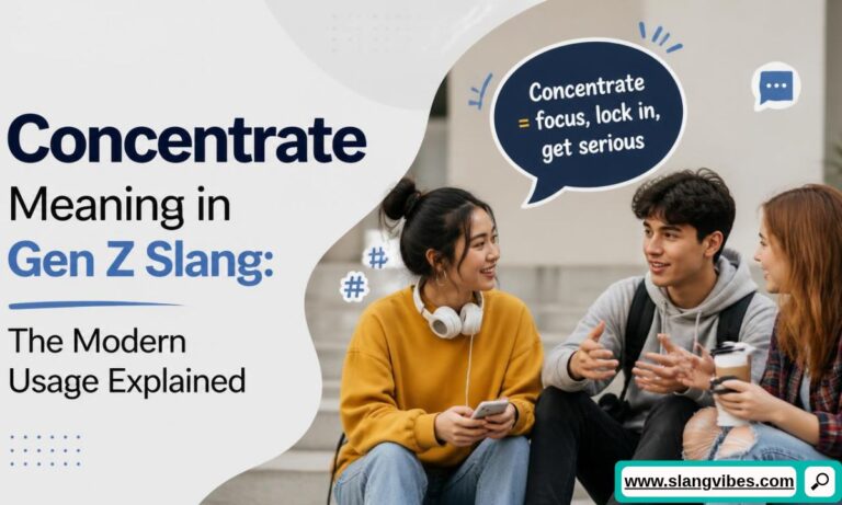 Group of young students chatting outdoors with speech bubble explaining concentrate meaning in Gen Z slang.