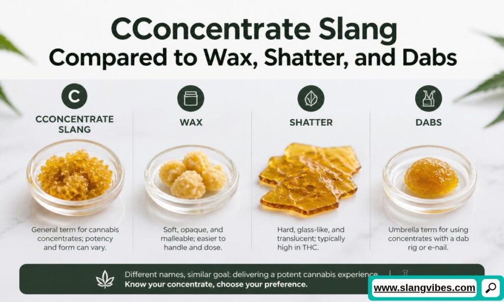Open dictionary under magnifying glass showing definition next to books explaining concentrate slang origin.