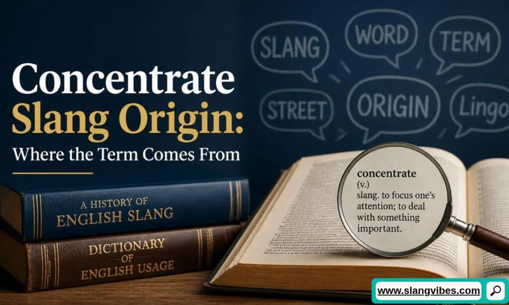 Open dictionary under magnifying glass showing definition next to books explaining concentrate slang origin.