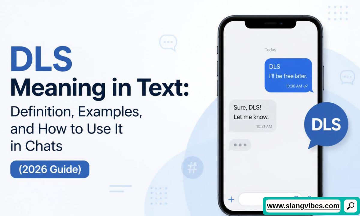 Smartphone showing a text conversation with DLS and a 2026 Guide badge next to text about DLS meaning in text.
