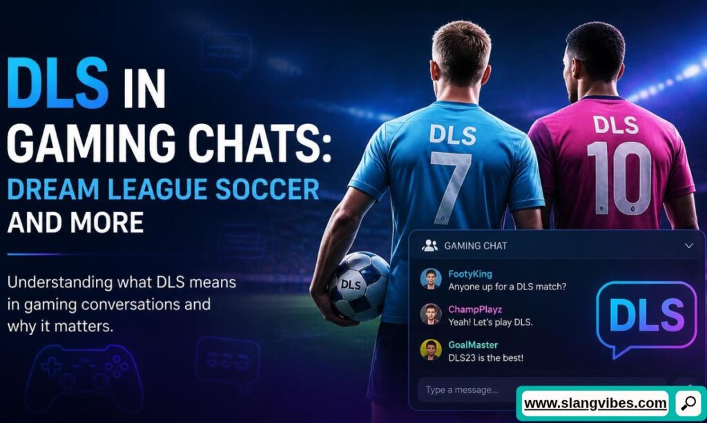 Two soccer players in jerseys with DLS on the back holding a soccer ball next to a gaming chat overlay and text about DLS in gaming chats.