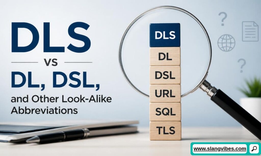 Magnifying glass over stacked wooden blocks featuring DLS, DL, and DSL next to text comparing look-alike abbreviations.
