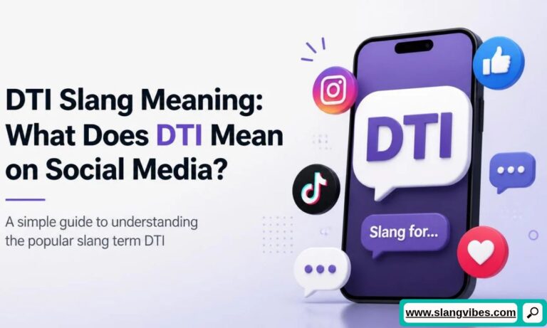 Smartphone surrounded by social media icons showing DTI slang speech bubble on screen.