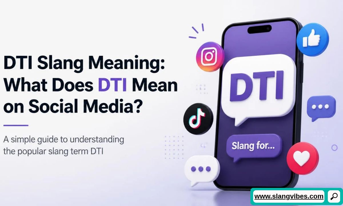 Smartphone surrounded by social media icons showing DTI slang speech bubble on screen.