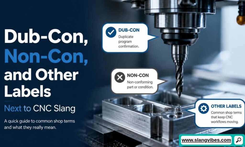 CNC milling machine drilling metal component next to callouts defining Dub-Con, Non-Con, and shop terminology.