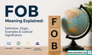 Wooden blocks spelling FOB next to a globe and icons for definition, origin, examples, and cultural significance.