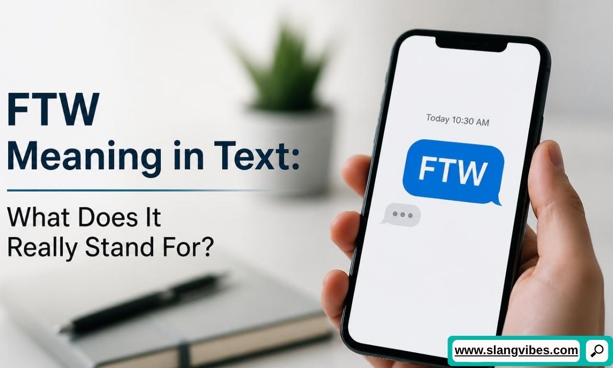 Hand holding a smartphone displaying an incoming text message with FTW next to text about FTW meaning in text.
