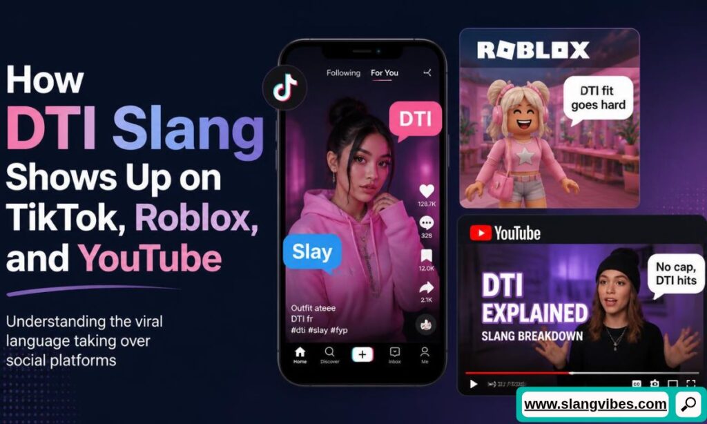 TikTok video interface, Roblox avatar saying DTI fit goes hard, and YouTube video thumbnail detailing DTI explained.